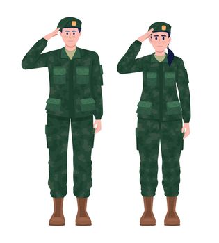 Military man and woman in uniforms semi flat color vector characters