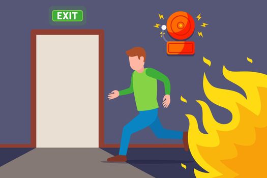a man runs from the fire to the evacuation door. escape the fire.