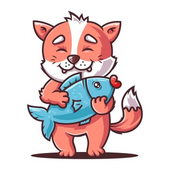 hungry cat is holding a big fish. fox angler.