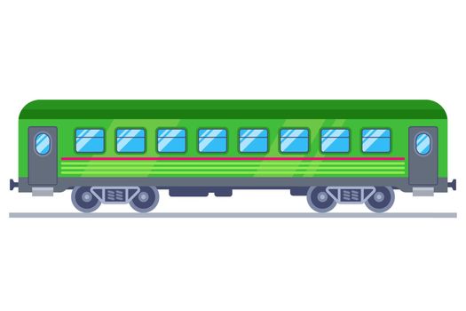 green train carriage for transporting passengers. flat vector illustration.