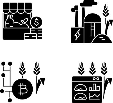 Agricultural innovations black glyph icons set on white space