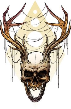 Graphic colorful human skull with deer horns