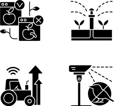 Automated systems in agriculture black glyph icons set on white space
