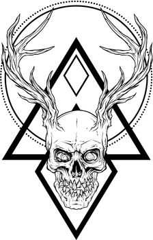 Graphic human skull with deer horns