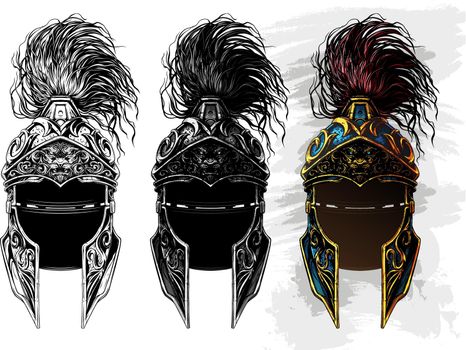 Graphic ancient metal warrior helmet icon set