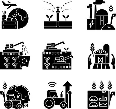 Agricultural business black glyph icons set on white space