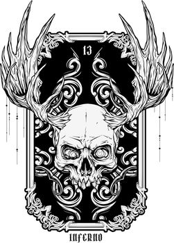 Graphic human skull with moose horns