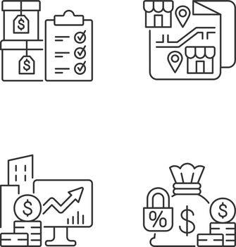 Company stocks and franchising linear icons set