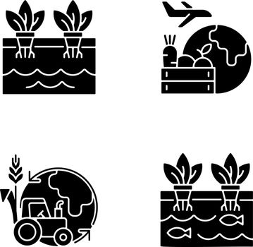 Environmental farming black glyph icons set on white space