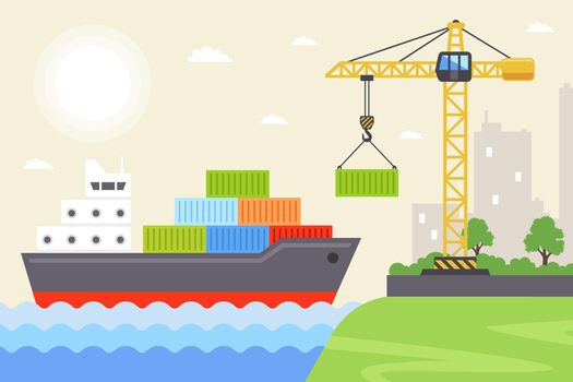 dry cargo ship near the coast is loaded with containers for transportation across the seas. flat vector illustration.