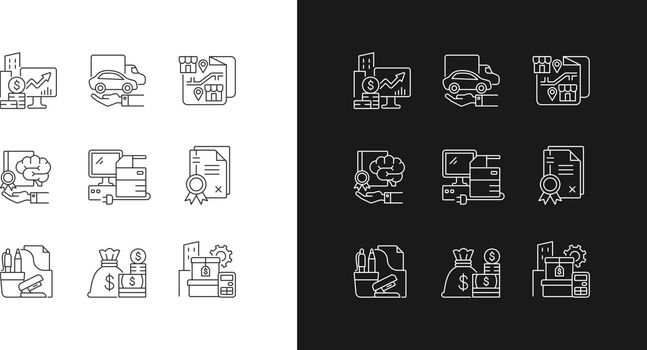 Office supplies and technical equipment linear icons set for dark and light mode