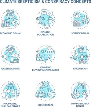 Climate skepticism and conspiracy blue concept icons set