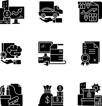 Office supplies and technical equipment black glyph icons set on white space