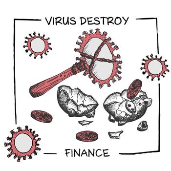 Poster against coronavirus epidemic with text virus destroy finance. Design concept for economic and financial information projects. Ancient hammer breaks piggy bank. Sketch style.