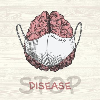 Brain with medical mask. Diary page Realistic hand-drawn human internal organs. Engraving art. Sketch style. Design concept for medical projects, posters, notebook Text stop disease