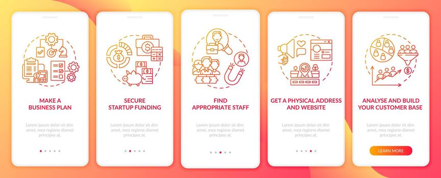 Startup launch steps red onboarding mobile app page screen