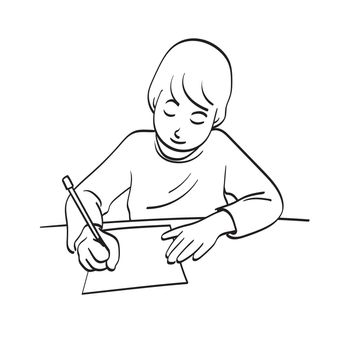 line art boy writing on paper with pencil illustration vector hand drawn isolated on white background