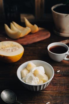 Vanilla Ice Cream with Honeydew Melon Slices