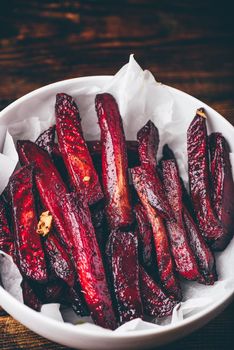 Oven baked beet fries in bowl