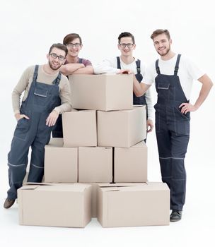 Workers deliver boxes, isolated, white background