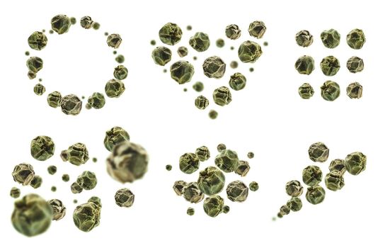 A set of photos. Green peppercorns levitate on a white background