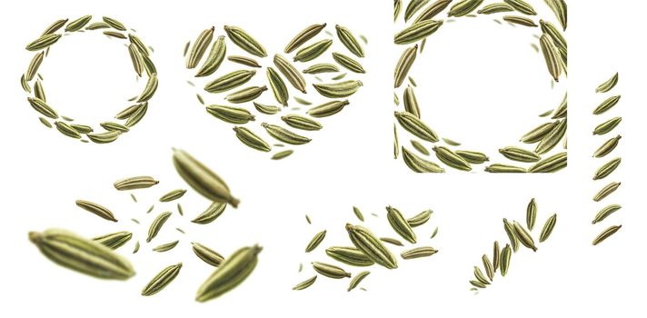 A set of photos. Fennel seeds levitate on a white background
