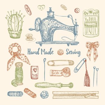 Set of hand-drawn vintage sewing tools. Sew machine, Needle, scissors, mannequin, buttons, tailor meter. Sketch engraving style. Elements for logos, icons isolated on white background. Vector