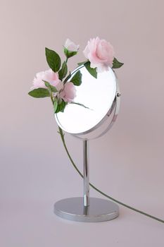 Around the round mirror flowers with a long curved leg the concept of aesthetics