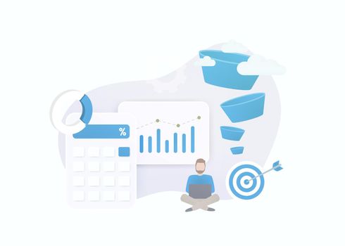 Customer Conversion Rate - lead generation concept with calc, analytics chart and sales funnel. Conversion Rate Optimization - CRO digital strategy for generate more qualified leads and customers.