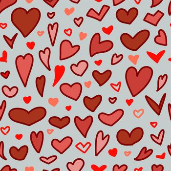 Seamless pattern. Pink and red Doodle-style hearts on a gray background.