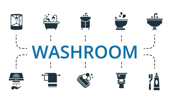 Washroom set icon. Editable icons washroom theme such as bathtub, toilet, washbasin and more.