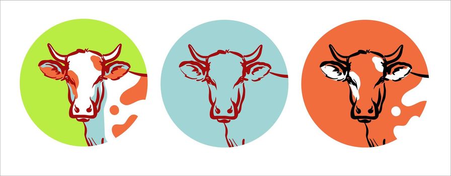 A set of logo emblems. The head of a cow or bull in a circle.