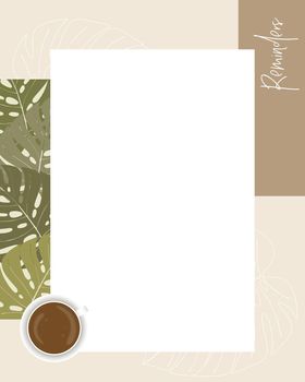 Reminder collage scrapbooking notes to do list planner, text, lined paper, coffee and monstera. Vintage craft.