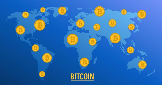 world map with bitcoin cryptocurrency worldwide. blue color gradient vector illustration with bitcoins all over the world