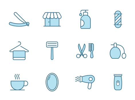 barber shop line vector icons in two colors isolated on white background. barber saloon blue icon set for web design, ui, mobile apps and print