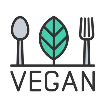 vegan color filled logo icon isolated on white. spoon fork and leaf outline color logo icon for web and ui design, mobile apps and print package