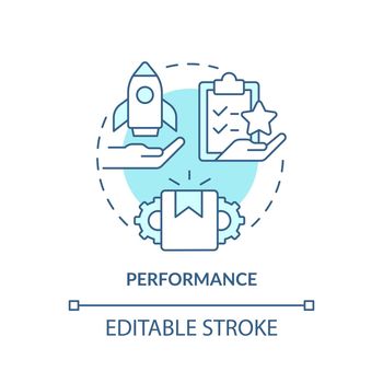 Performance turquoise concept icon. Goods and service quality. Product need abstract idea thin line illustration. Isolated outline drawing. Editable stroke. Arial, Myriad Pro-Bold fonts used
