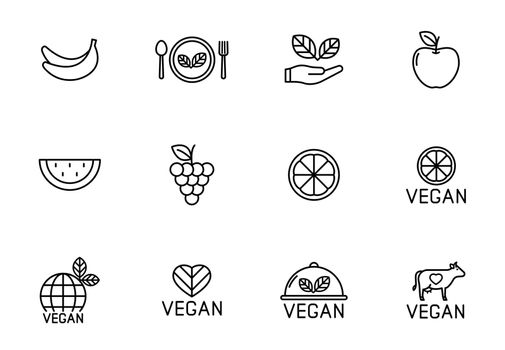 vegan outline vector icons isolated on white background. vegan healthy food line icon set for web and ui design, mobile apps and print products