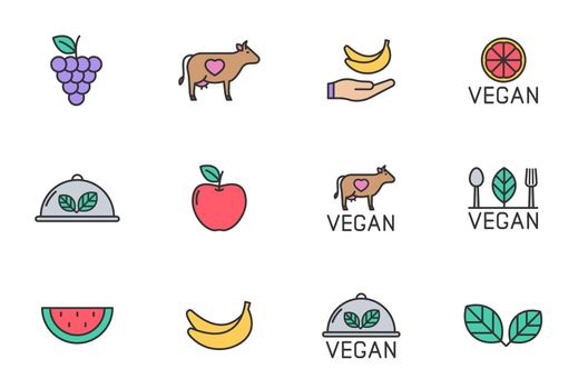 Vegan color filled vector icons. Vegan color outline icon set isolated on white background. Organic, healthy, non violent, vegan food logo icons for web, mobile app, ui design and print