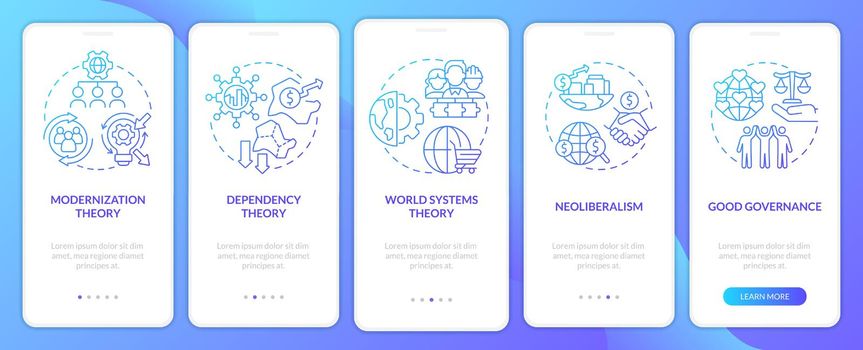 Society development theories blue gradient onboarding mobile app screen