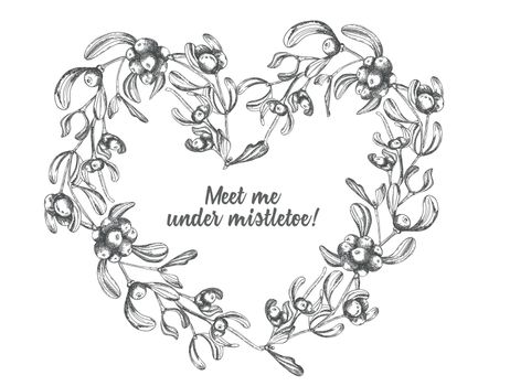 Hand drawn botanical sketch wreath mistletoe branches. Vintage style. Traditional christmas decoration. For design holiday card, invitation, poster, banner.