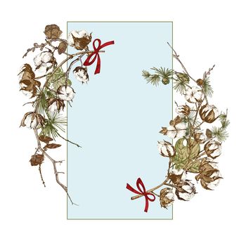 Hand drawn botanical sketch garland with christmas plants branches. Vintage engraving style. Traditional holiday decoration. For design festive card, invitation, poster, banner.