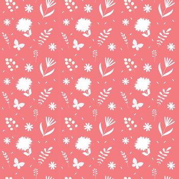 Seamless floral pattern with white flowers on red background. Modern blossom decoration with botanical ornament