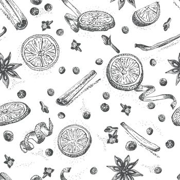 Set of hand drawn Christmas winter spices seamless pattern. Traditionally used in made desserts, hot mulled wine, homemade cookies.