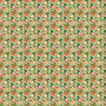 Illustration digital watercolor seamless pattern of peach and flowers on green backgrounds