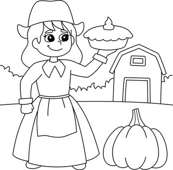 Thanksgiving Pilgrim Girl Holding Pie Coloring