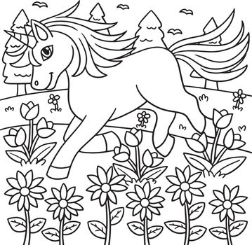 Unicorn Playing On The Flower Field Coloring Page