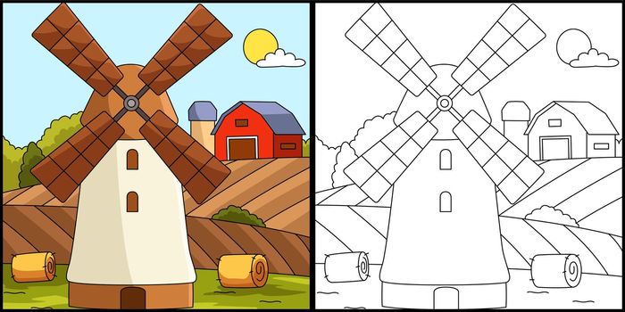 Windmill Coloring Page Colored Illustration