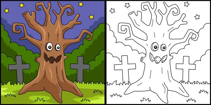 Scary Tree Halloween Coloring Page Illustration
