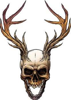 Graphic colorful human skull with deer horns